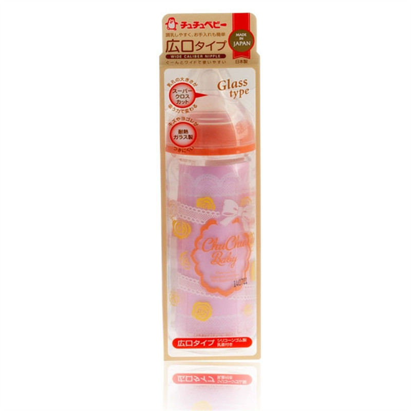 日本原产啾啾baby可爱妈妈玻璃宽口奶瓶（蝴蝶结）240ML