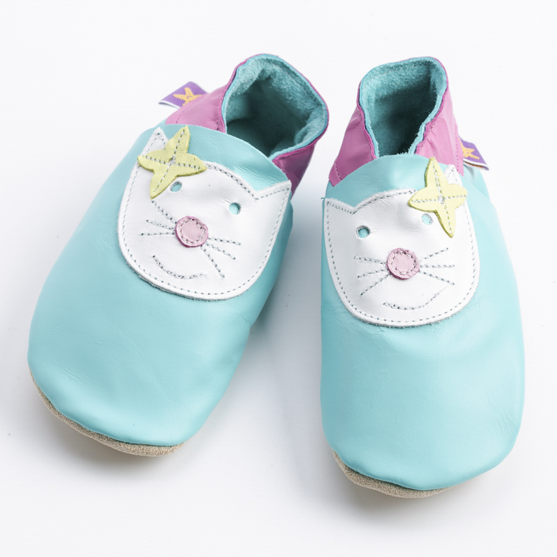 英国进口学步鞋子-Starchild全牛皮软底学步鞋快乐小喵蓝绿款 - 学步鞋子