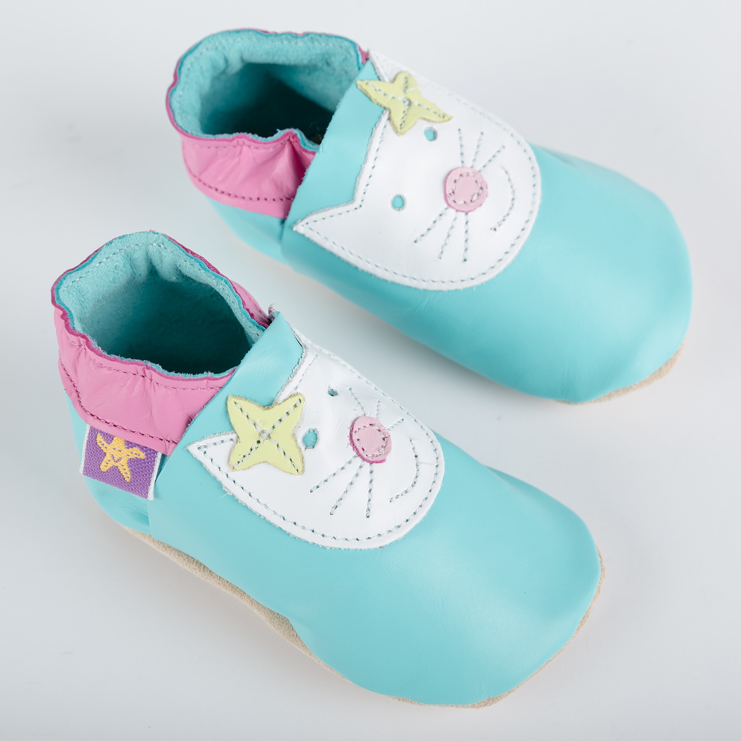 英国进口婴儿防滑学步鞋-Starchild全牛皮软底学步鞋快乐小喵蓝绿款