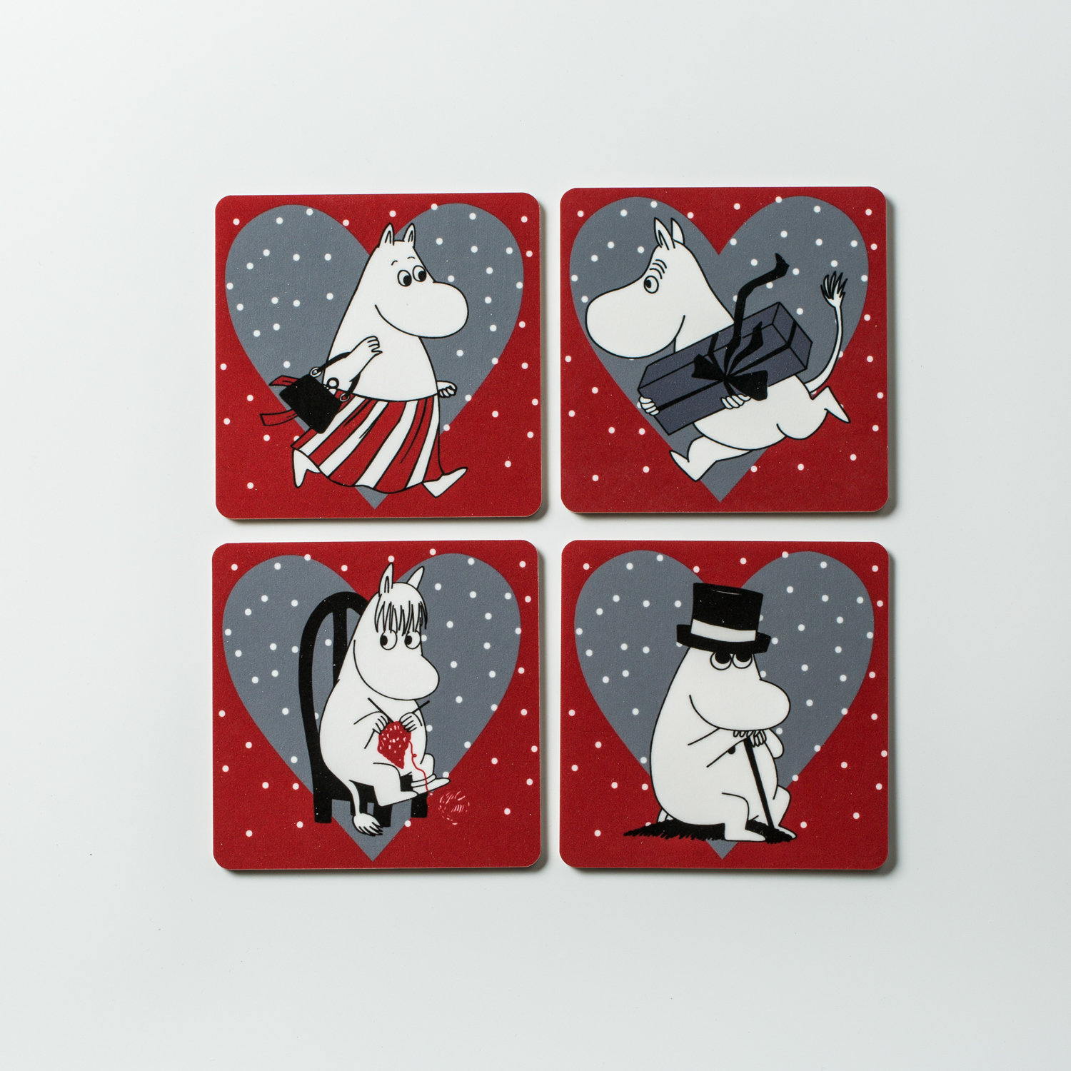 瑞典进口软木杯垫-Opto Design姆明系列木质杯垫4只袋装版，圣诞节爱心