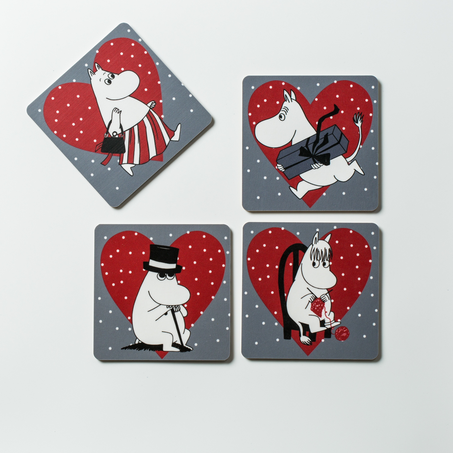 瑞典进口木质杯垫-Opto Design姆明系列木质杯垫4只袋装版，圣诞节爱心