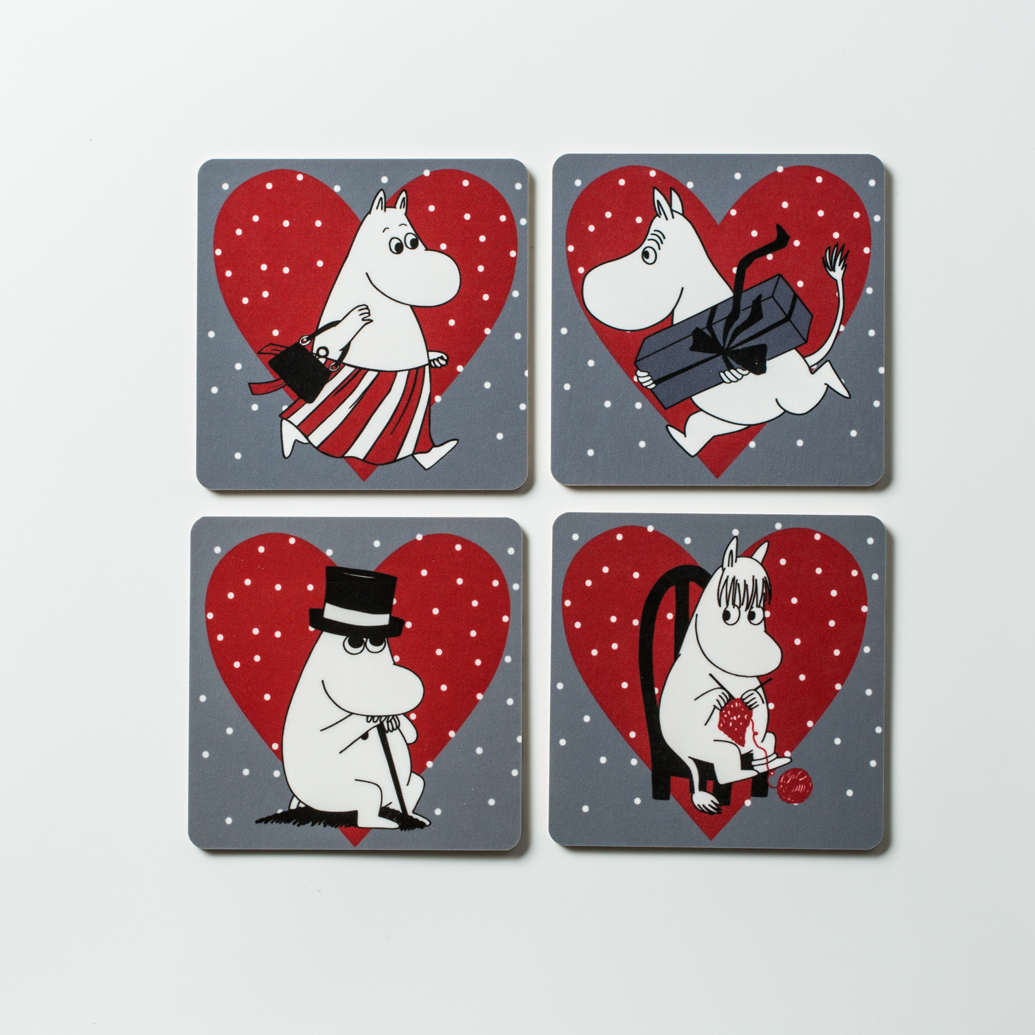 瑞典进口木质杯垫-Opto Design姆明系列木质杯垫4只袋装版，圣诞节爱心