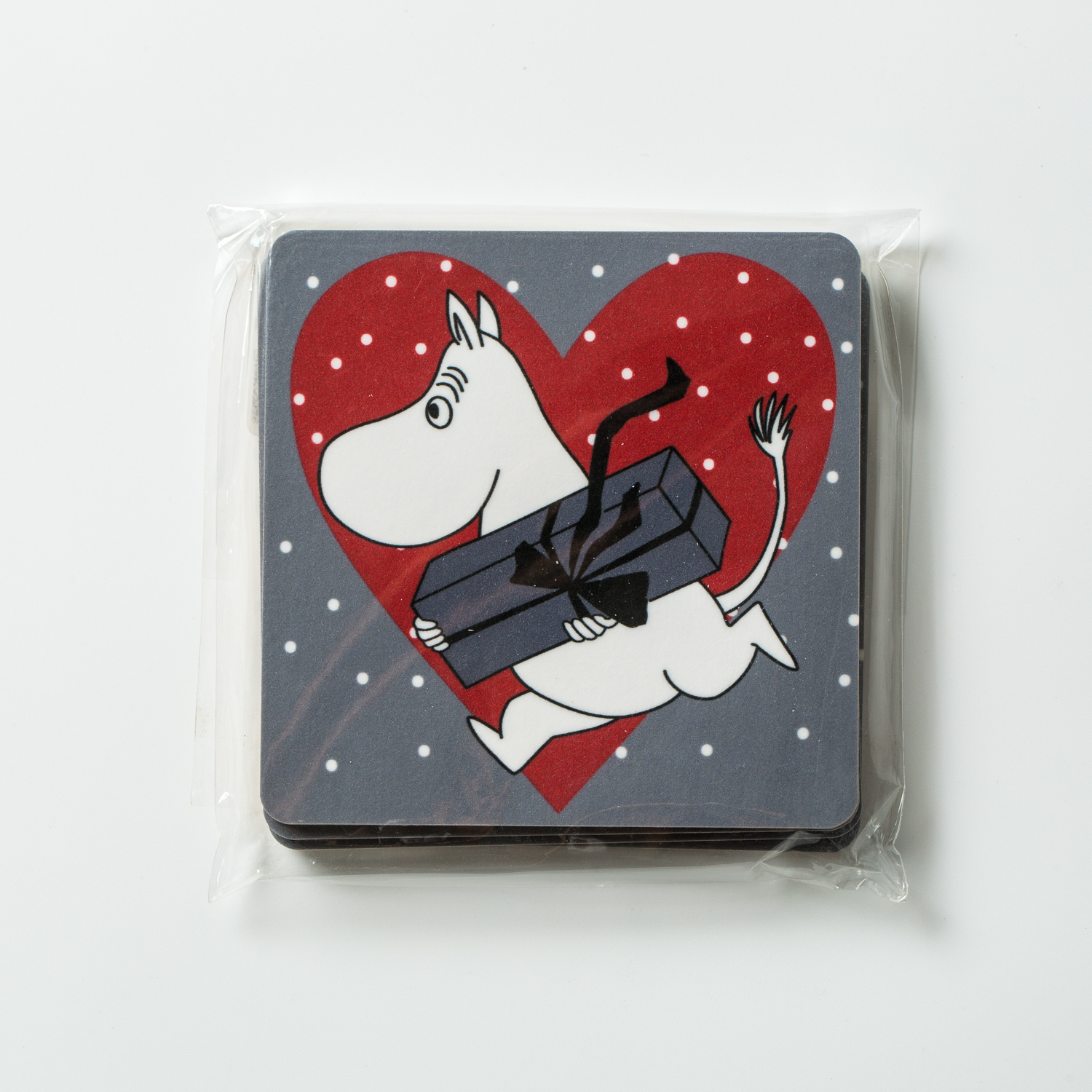 瑞典进口木质杯垫-Opto Design姆明系列木质杯垫4只袋装版，圣诞节爱心