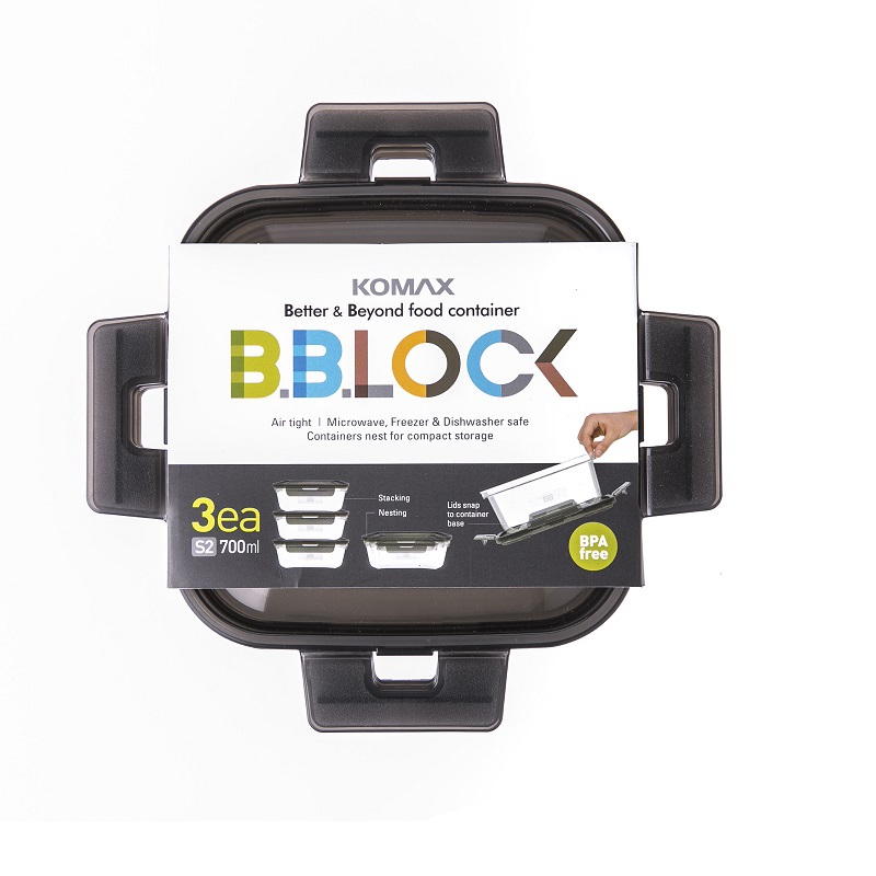韩国进口保鲜碗保鲜盒-韩国Komax BB LOCK(700ml)长方形保鲜盒 3块灰盖