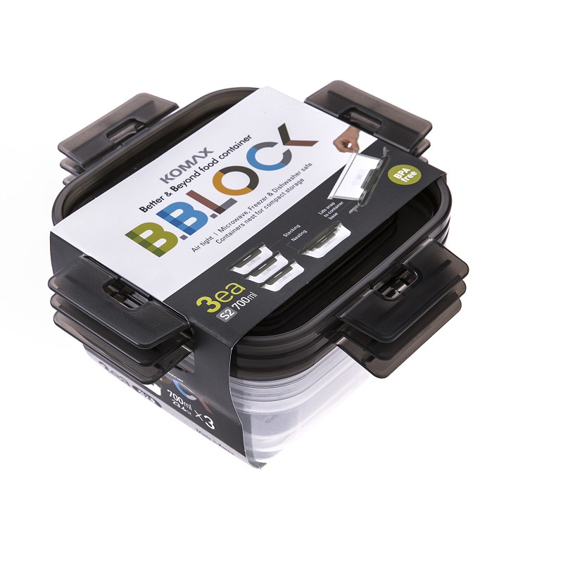 韩国进口保鲜碗保鲜盒-韩国Komax BB LOCK(700ml)长方形保鲜盒 3块灰盖