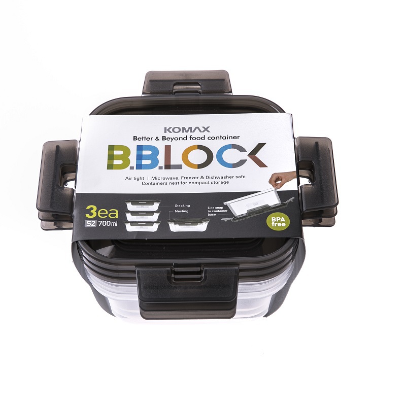 韩国进口保鲜碗保鲜盒-韩国Komax BB LOCK(700ml)长方形保鲜盒 3块灰盖