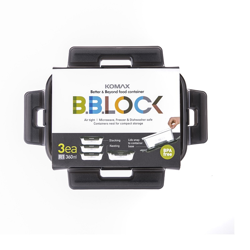 韩国进口带盖保鲜盒-韩国Komax BB LOCK(360ml)长方形保鲜盒 3块灰盖