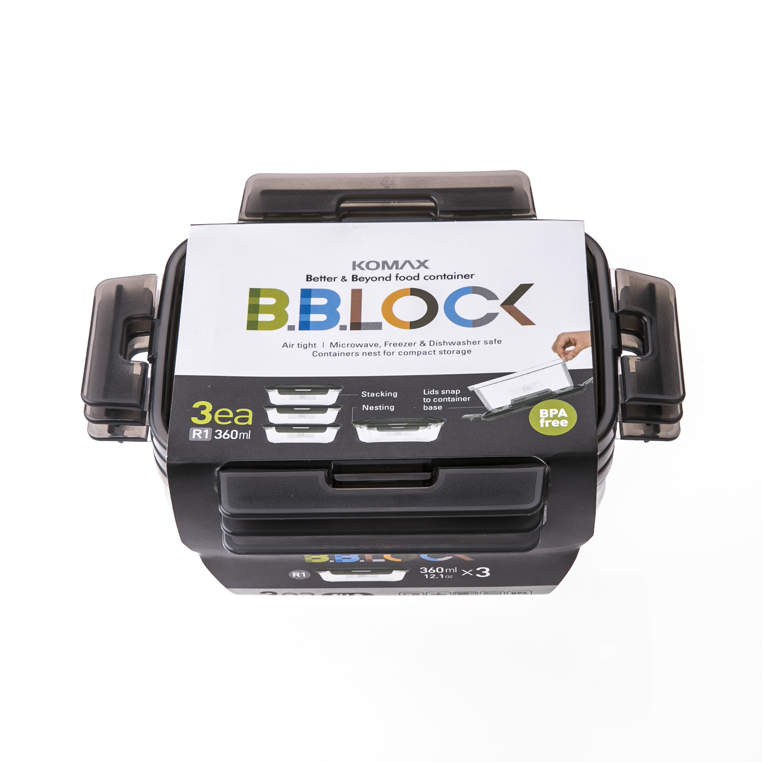 韩国进口带盖保鲜盒-韩国Komax BB LOCK(360ml)长方形保鲜盒 3块灰盖