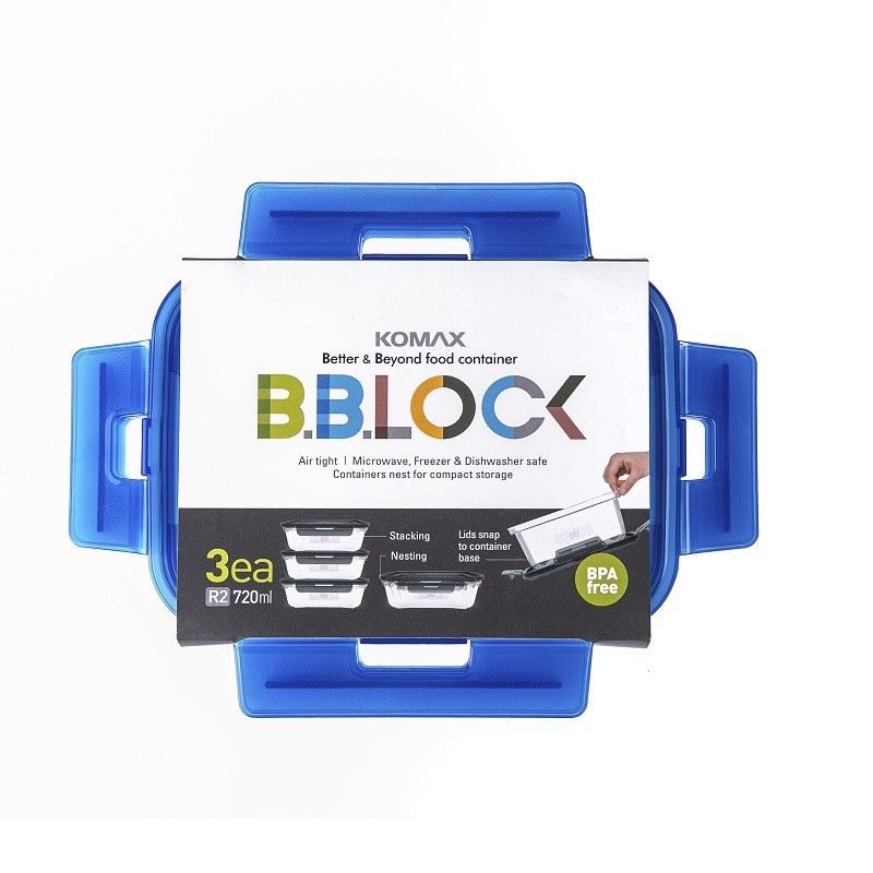 韩国进口收纳保鲜盒-韩国Komax BB LOCK blue(720ml)长方形保鲜盒 3块蓝盖