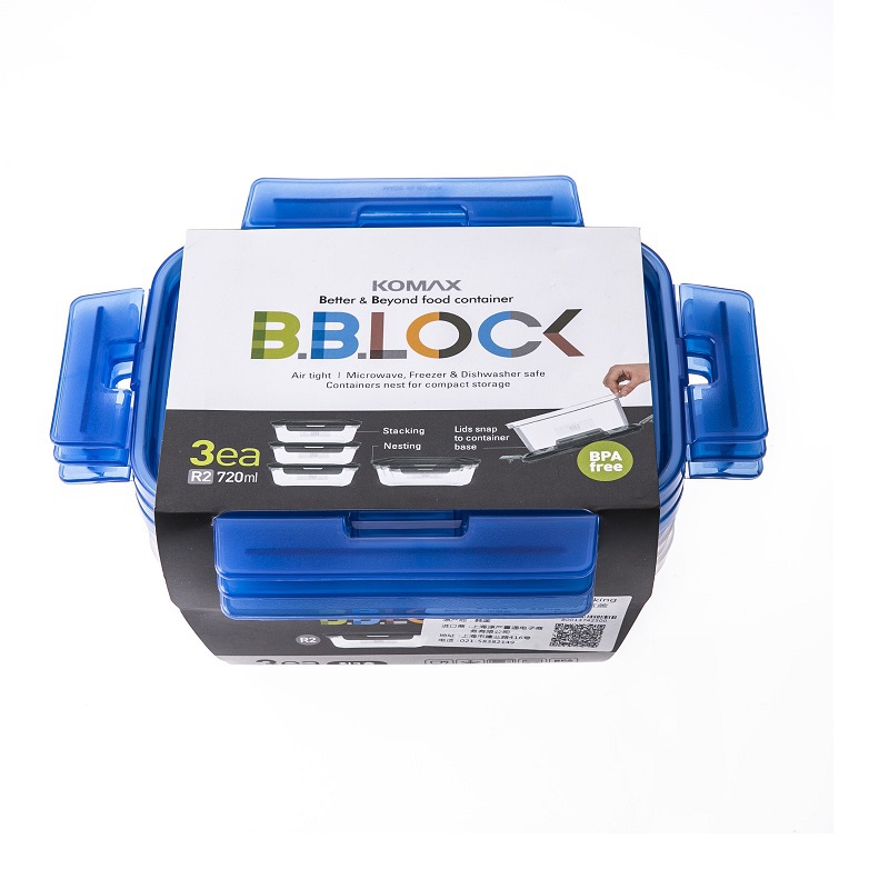 韩国进口收纳保鲜盒-韩国Komax BB LOCK blue(720ml)长方形保鲜盒 3块蓝盖