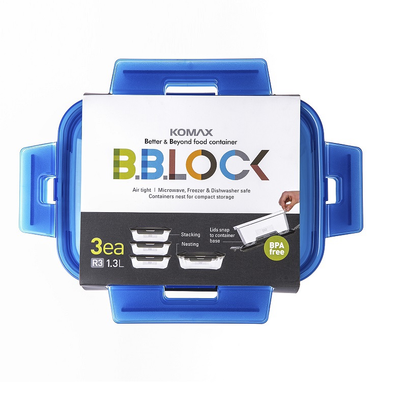 韩国进口密闭保鲜盒-韩国Komax BB LOCK blue lid 3pcs(1.3L)长方形保鲜盒