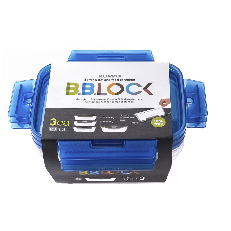 韩国进口密闭保鲜盒-韩国Komax BB LOCK blue lid 3pcs(1.3L)长方形保鲜盒