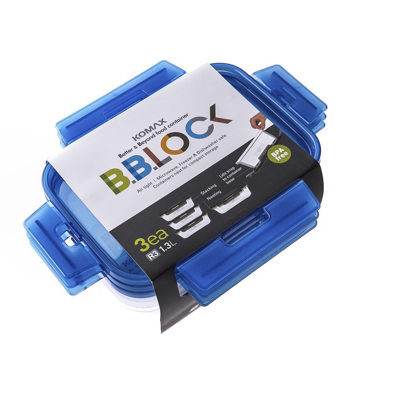 韩国进口密闭保鲜盒-韩国Komax BB LOCK blue lid 3pcs(1.3L)长方形保鲜盒 韩国进口密闭保鲜盒-韩国Komax BB LOCK blue lid 3pcs(1.3L)长方形保鲜盒