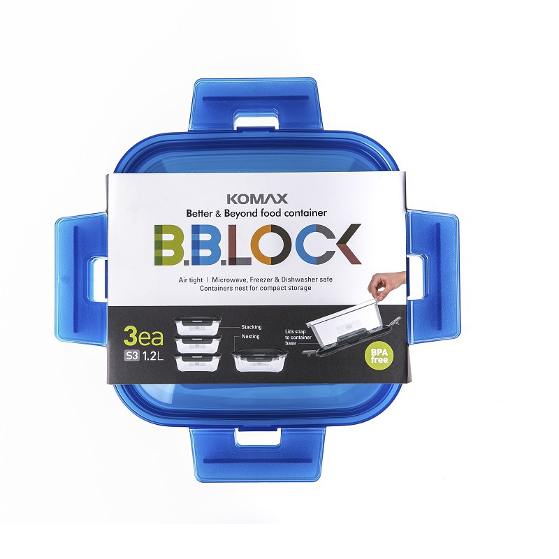 韩国进口pp材质保鲜盒-Komax BB LOCK(1.2L)长方形保鲜盒 3块蓝盖