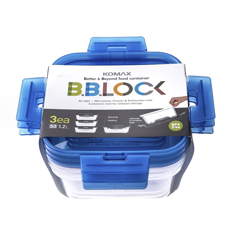 韩国进口pp材质保鲜盒-Komax BB LOCK(1.2L)长方形保鲜盒 3块蓝盖