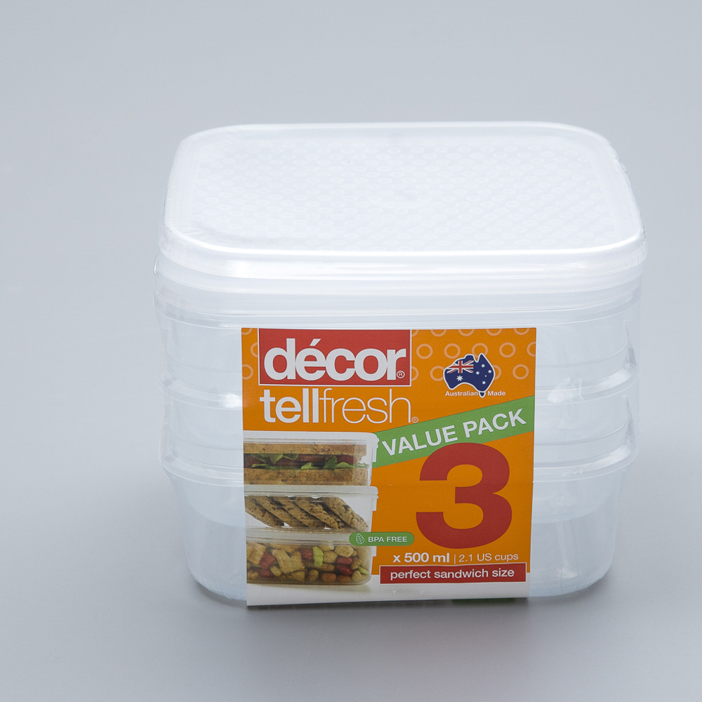 澳大利亚进口pp材料保鲜盒-澳洲Décor TELLFRESH系列正方形保鲜盒500ML*3