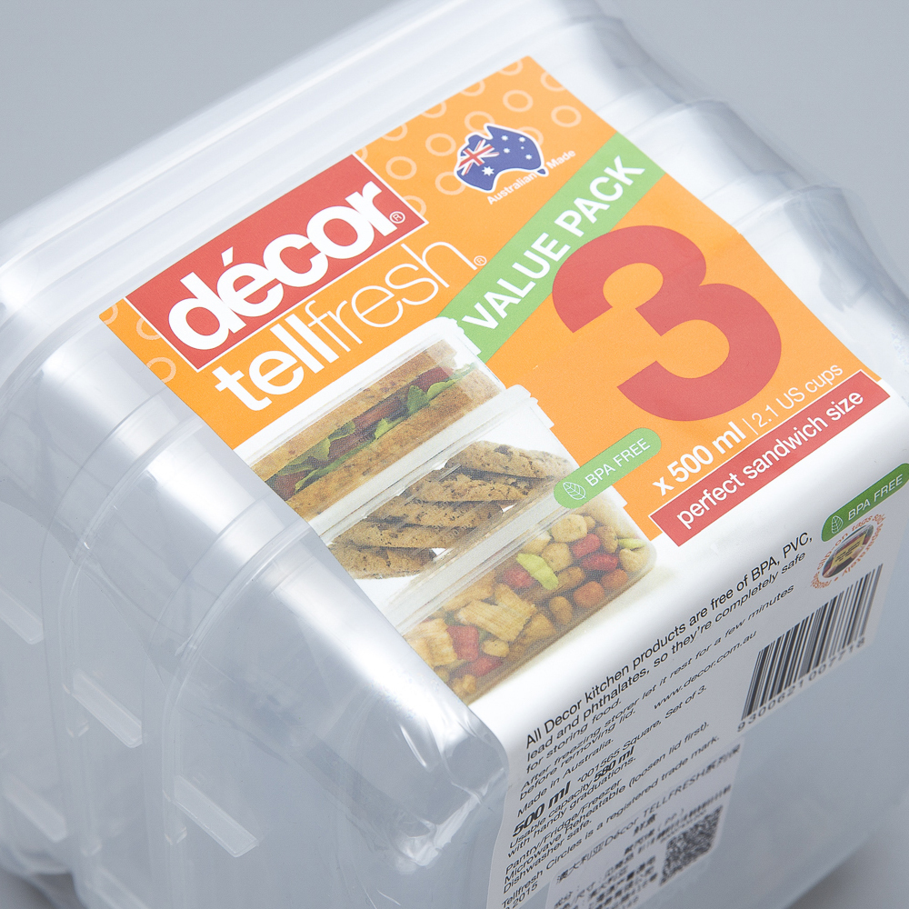 澳大利亚进口pp材料保鲜盒-澳洲Décor TELLFRESH系列正方形保鲜盒500ML*3