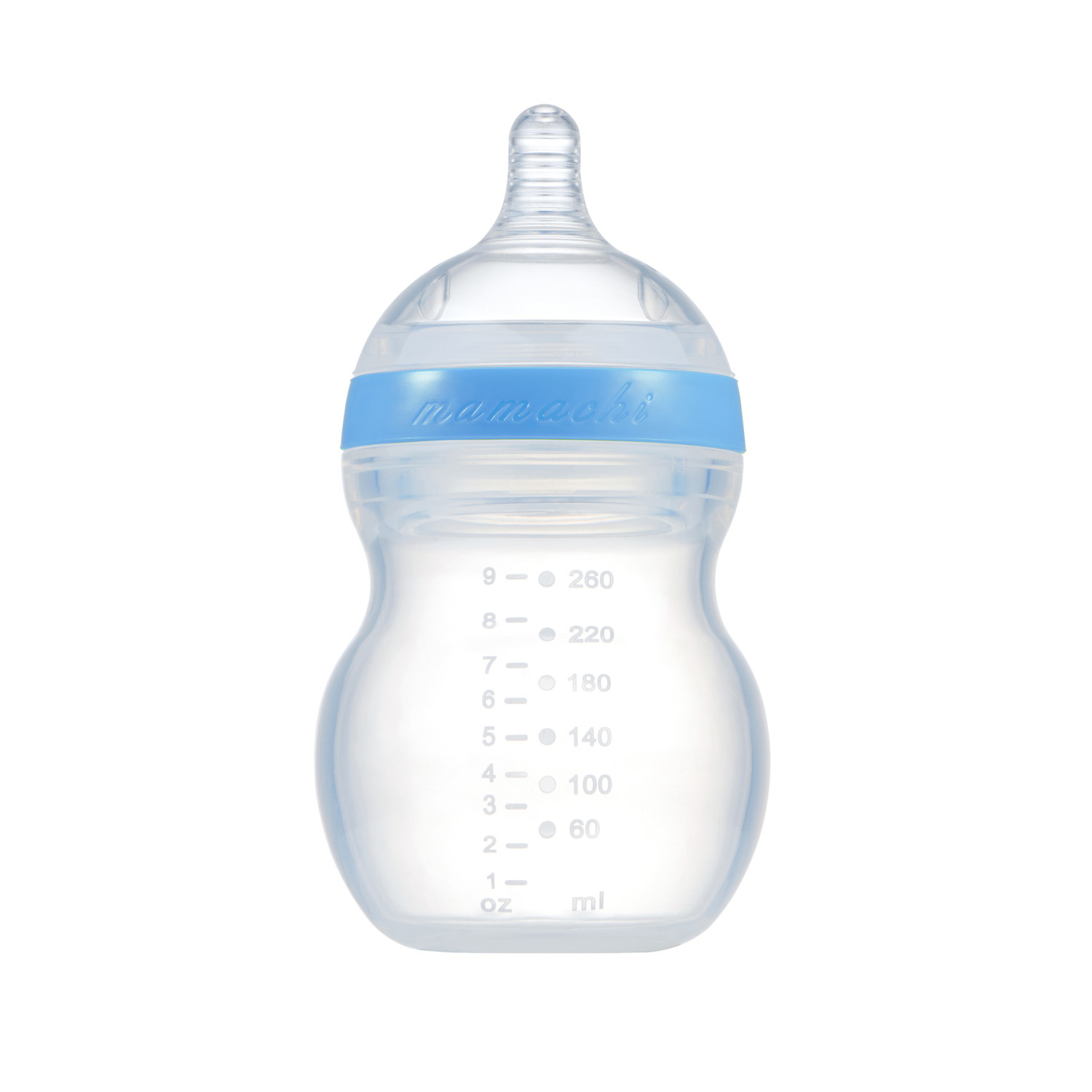 韩国进口宝宝硅胶奶瓶-Mamachi全硅胶奶瓶260ml蓝色简装2孔奶嘴（3-6个月）
