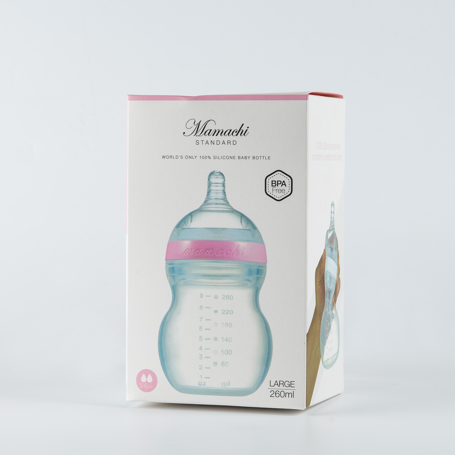 韩国进口全硅胶奶瓶-Mamachi全硅胶奶瓶260ml粉红简装2孔奶嘴(3-6个月)