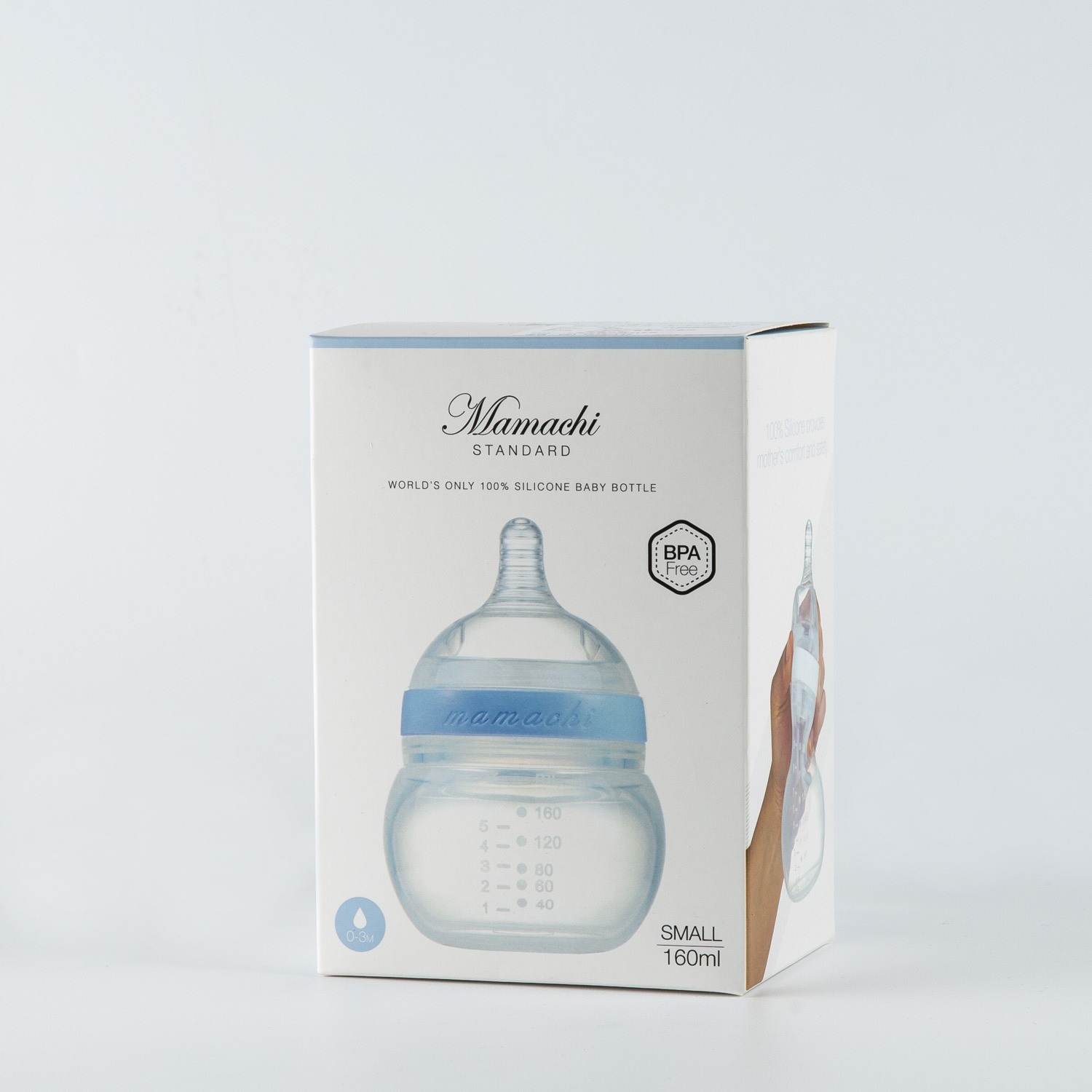 韩国进口硅胶奶瓶-Mamachi全硅胶奶瓶160ml蓝色简装1孔奶嘴（0-3个月）