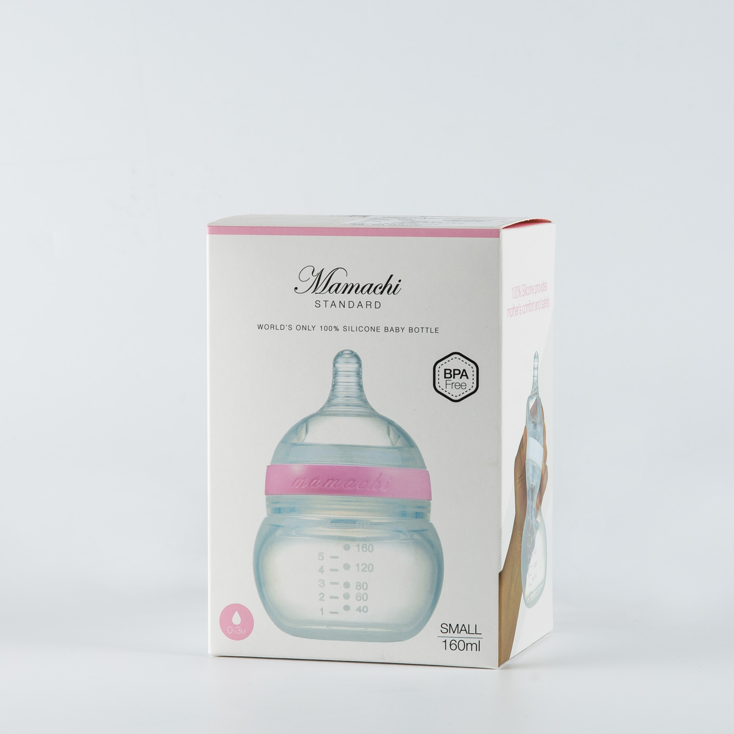 韩国进口婴幼儿硅胶奶瓶-Mamachi全硅胶奶瓶160ml粉红简装1孔奶嘴（0-3个月）