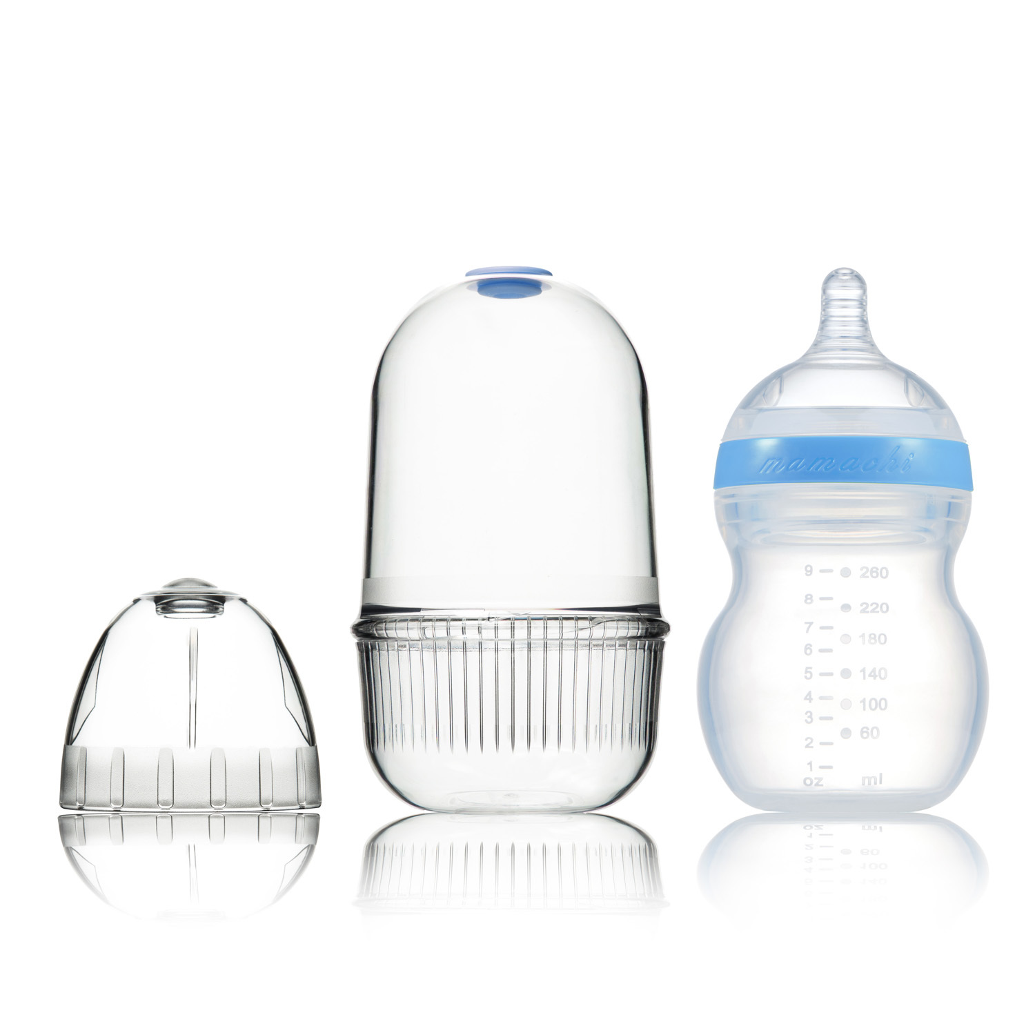 韩国进口硅胶材质奶瓶-Mamachi全硅胶奶瓶260ml蓝色精装2孔奶嘴（3-6个月）