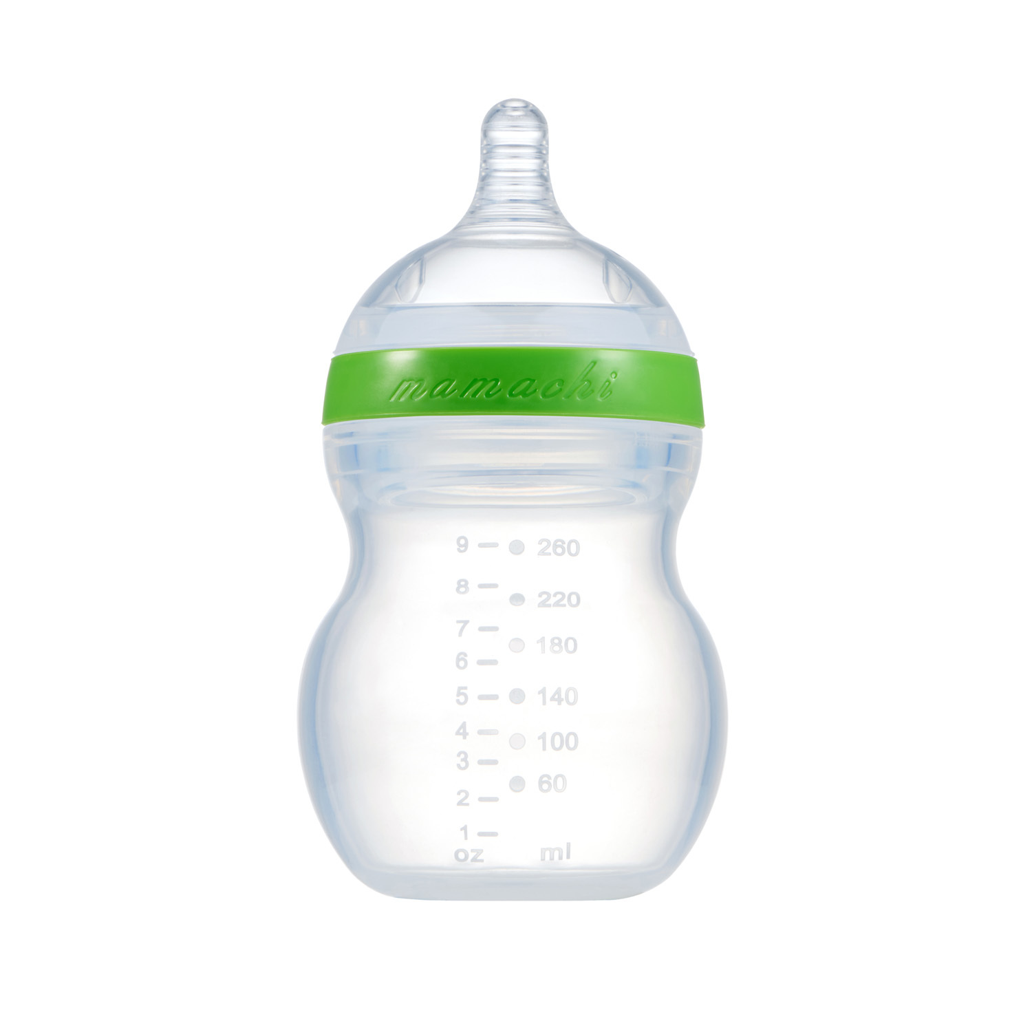 韩国进口硅胶婴儿奶瓶-Mamachi全硅胶奶瓶260ml绿色精装2孔奶嘴（3-6个月）