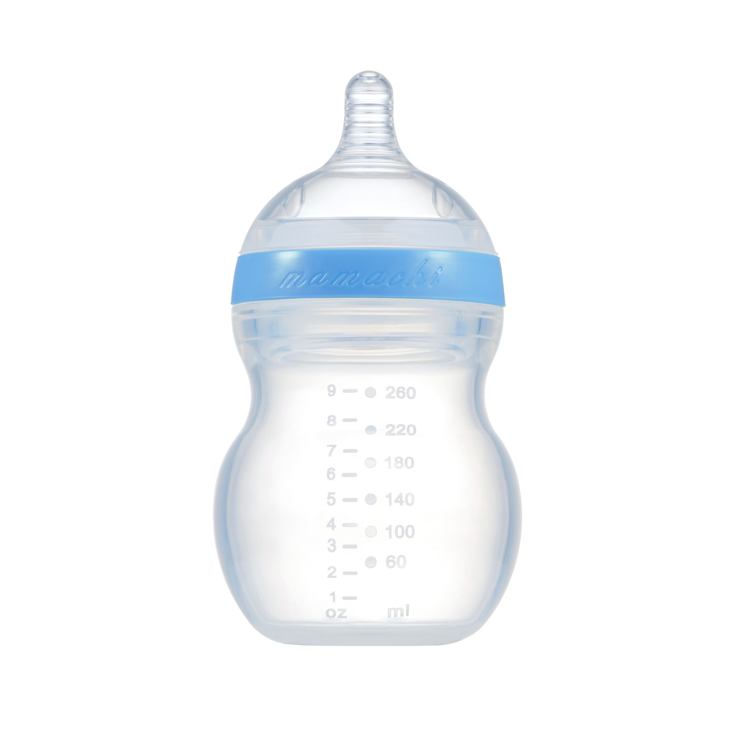 韩国进口硅胶材质奶瓶-Mamachi全硅胶奶瓶260ml蓝色精装2孔奶嘴（3-6个月）