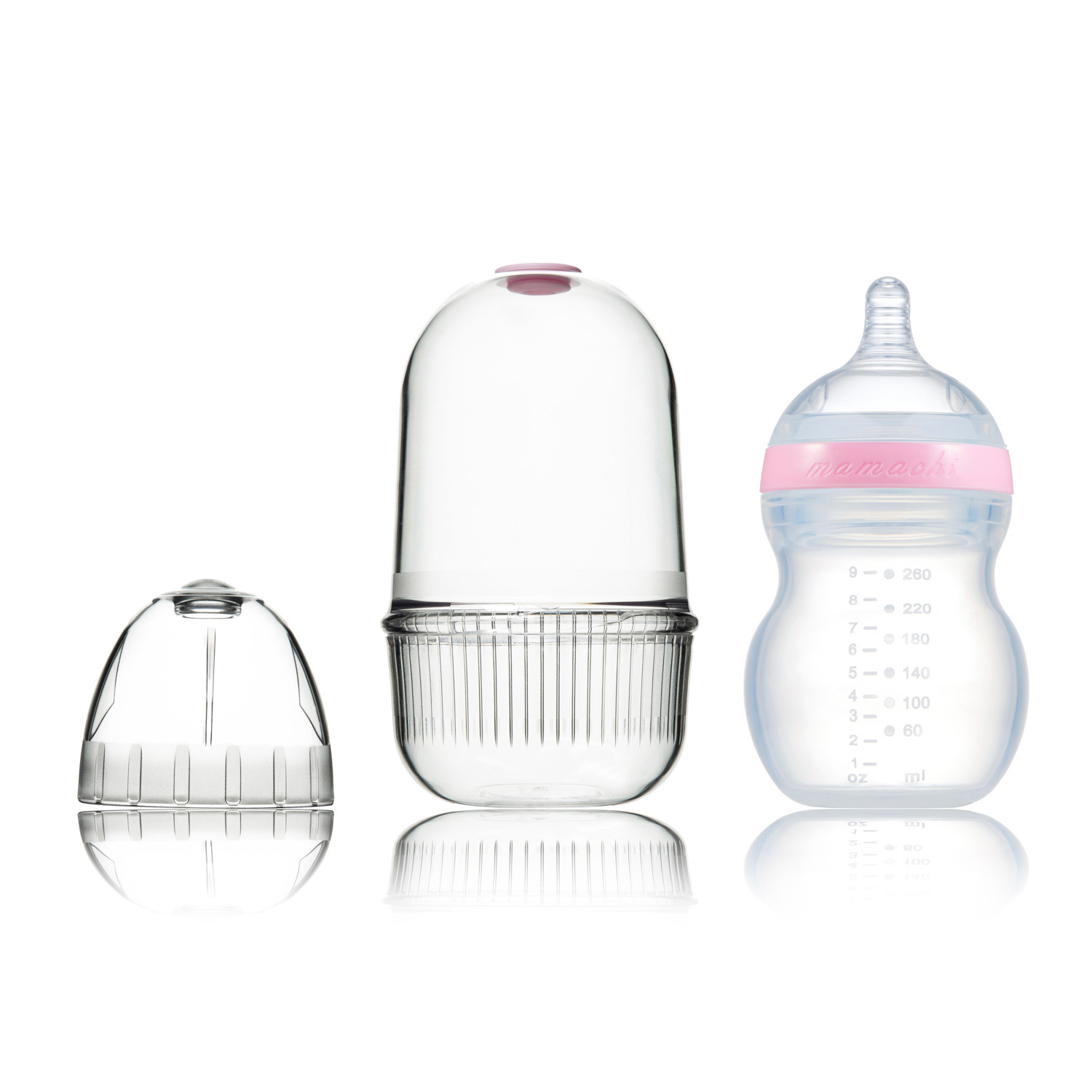 韩国进口宽口径硅胶奶瓶-Mamachi全硅胶奶瓶260ml粉红精装2孔奶嘴（3-6个月）