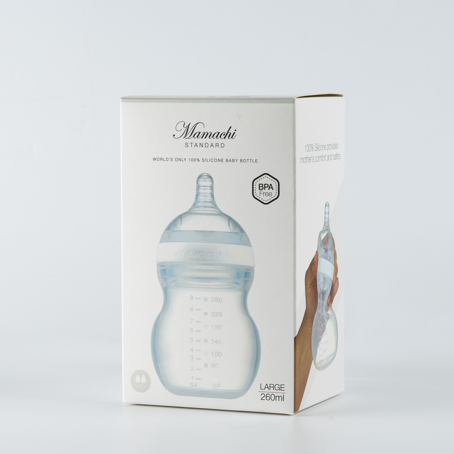 韩国进口软硅胶奶瓶-Mamachi全硅胶奶瓶260ml白色简装2孔奶嘴（3-6个月）