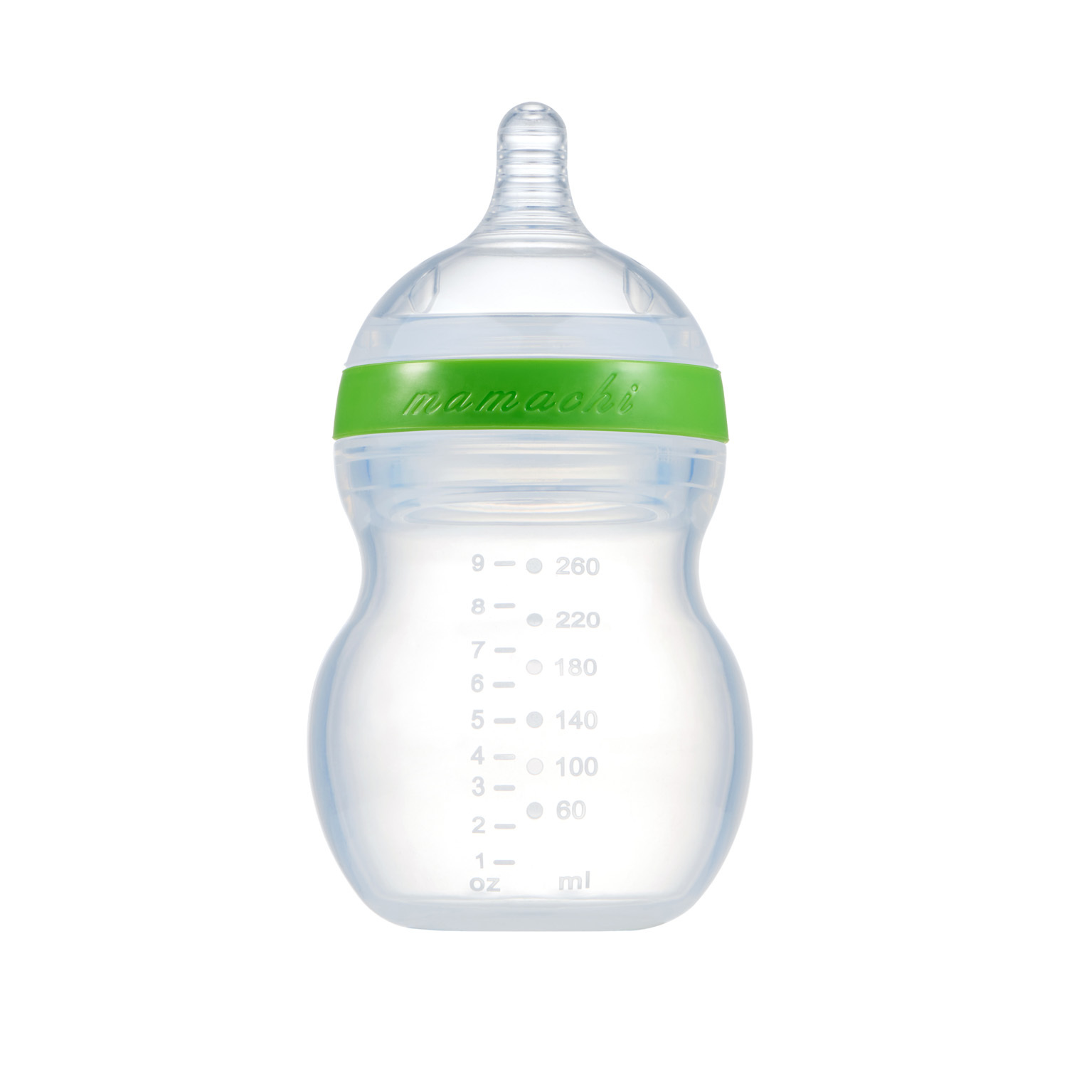 韩国进口防摔硅胶奶瓶-Mamachi全硅胶奶瓶260ml绿色简装2孔奶嘴（3-6个月）