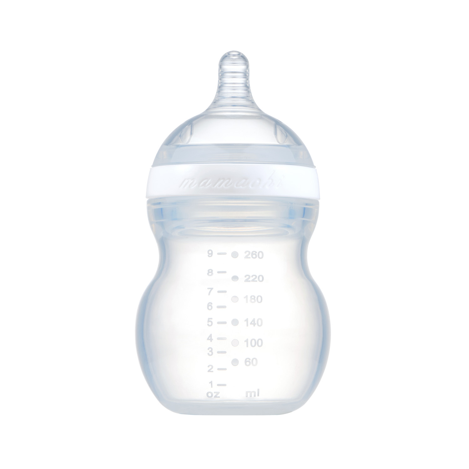 韩国进口软硅胶奶瓶-Mamachi全硅胶奶瓶260ml白色简装2孔奶嘴（3-6个月）