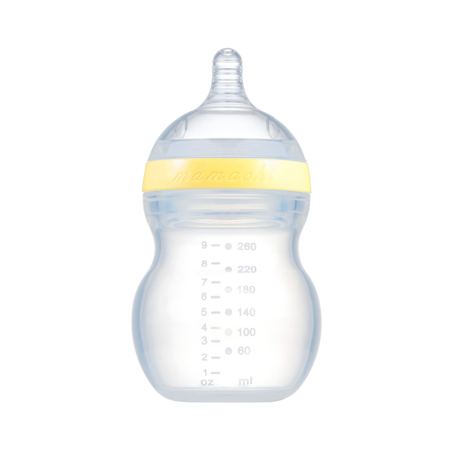 韩国进口硅胶软奶瓶-Mamachi全硅胶奶瓶260ml黄色简装2孔奶嘴（3-6个月）