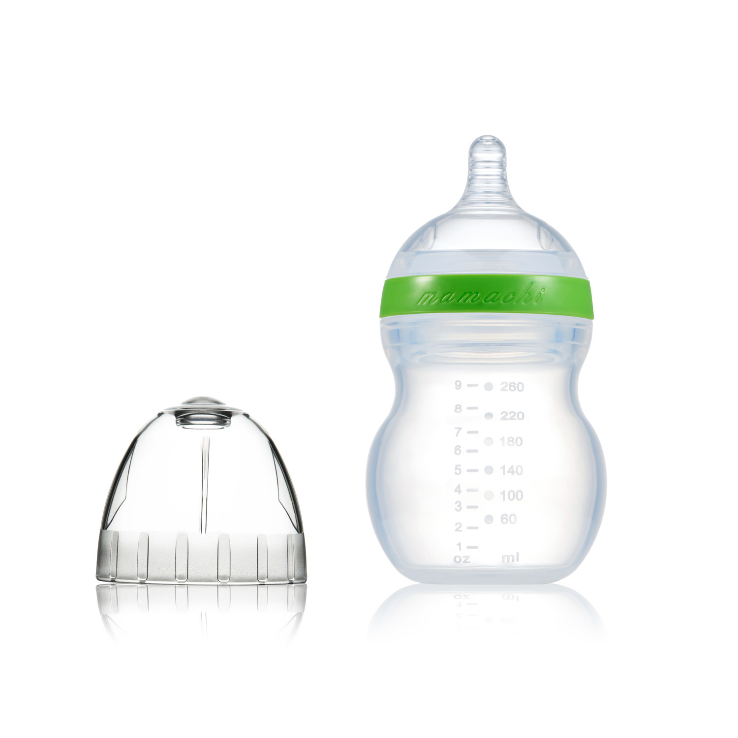 韩国进口防摔硅胶奶瓶-Mamachi全硅胶奶瓶260ml绿色简装2孔奶嘴（3-6个月）