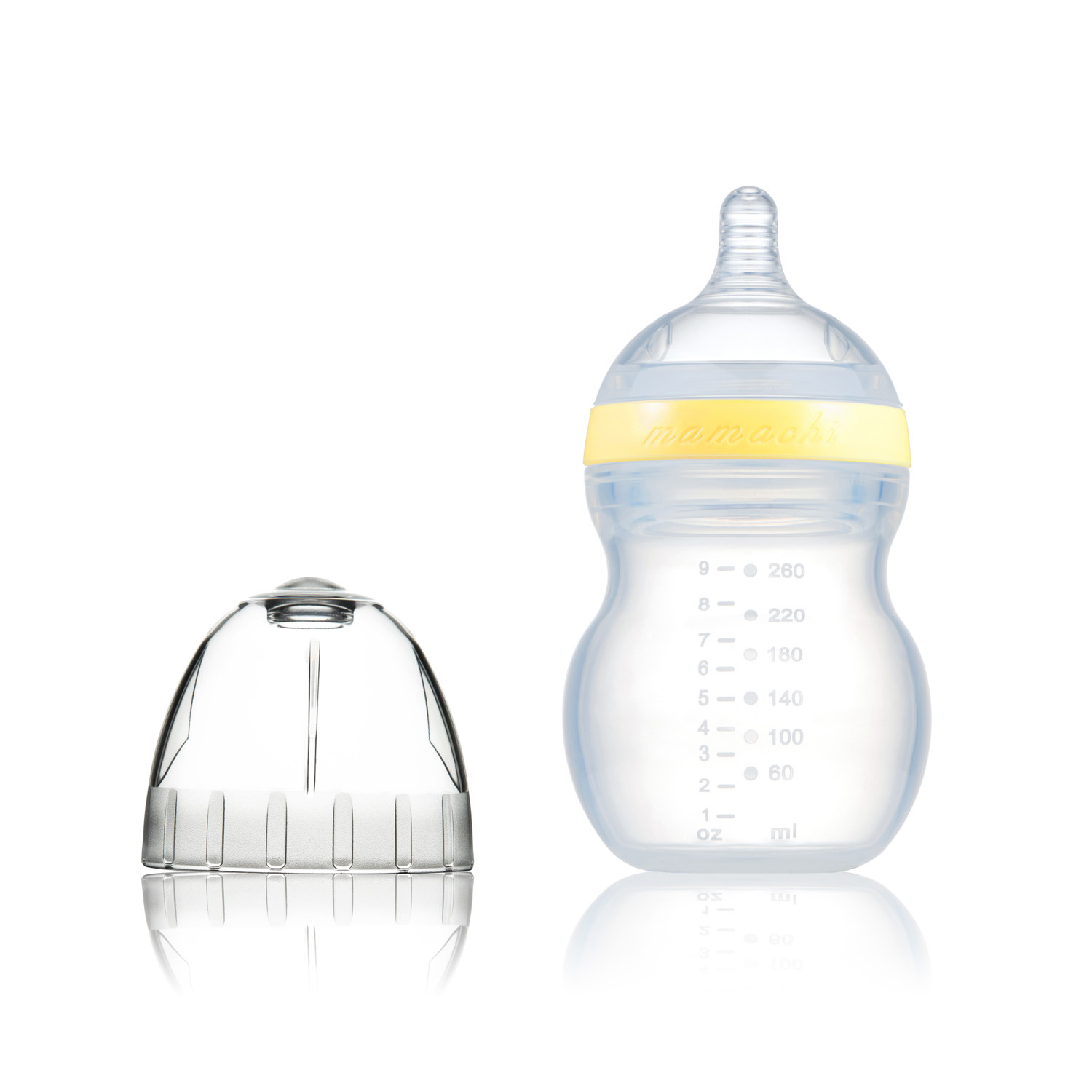 韩国进口硅胶软奶瓶-Mamachi全硅胶奶瓶260ml黄色简装2孔奶嘴（3-6个月）
