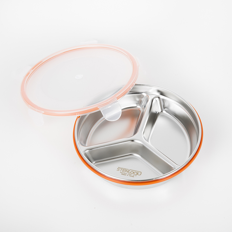 韩国进口不锈钢餐盘-stenlock304不锈钢餐盘分格保鲜盒3格圆形