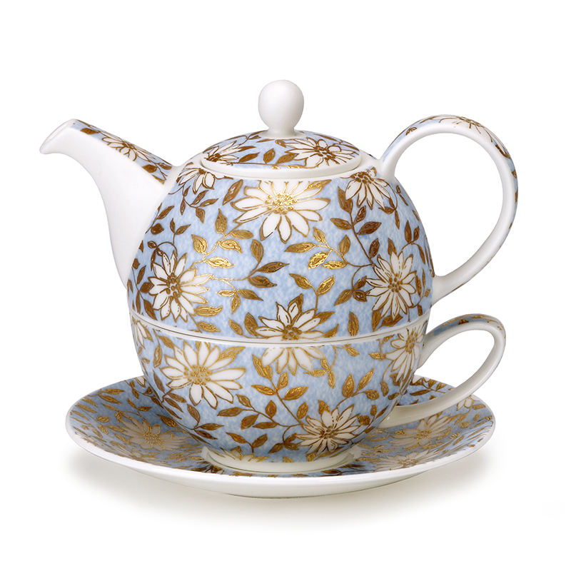 英国进口骨瓷茶具茶杯套装-丹侬Dunoon茶壶套装aqua（一壶一杯一碟)22K黄金饰面 - 骨瓷茶具茶杯套装