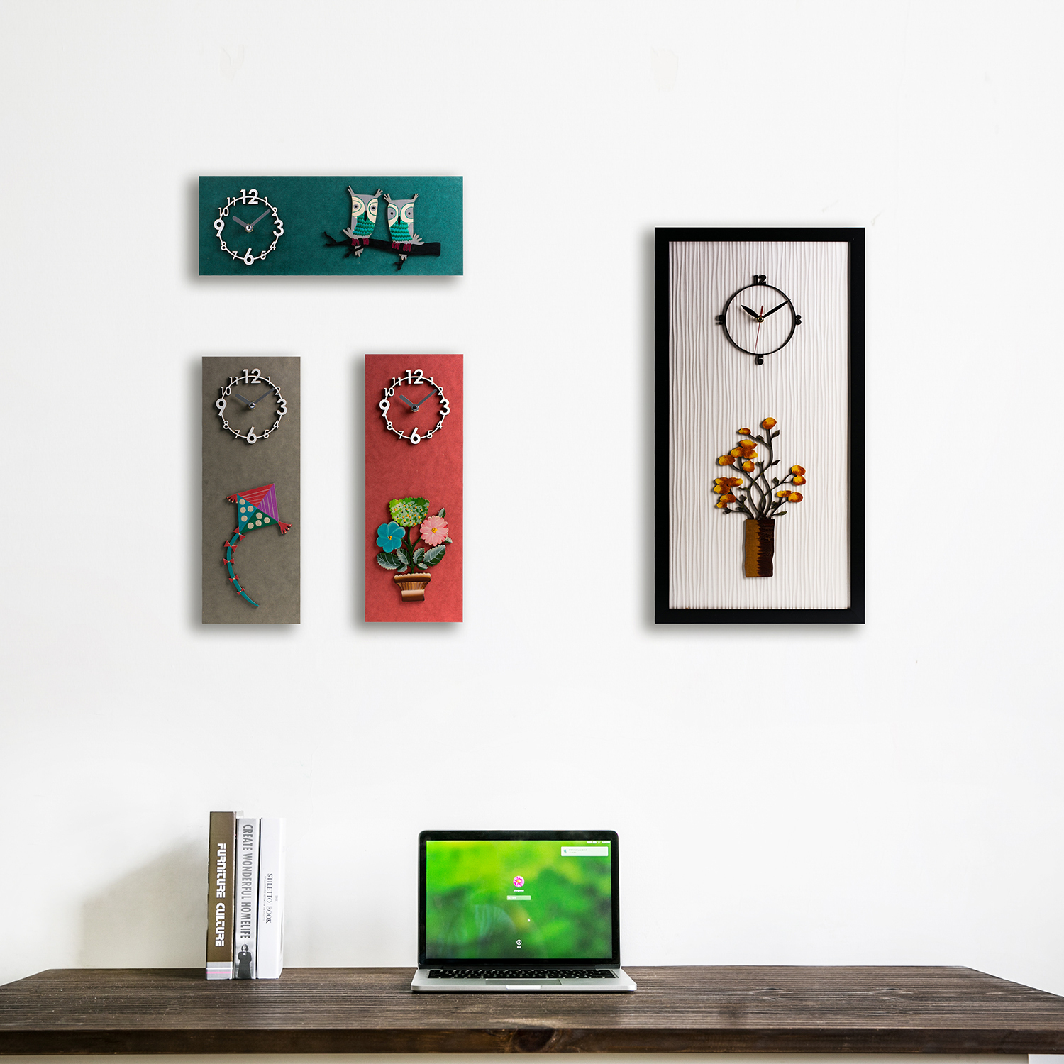 韩国进口墙壁挂钟-Dawon Deco手绘3D绿色双猫头鹰挂钟