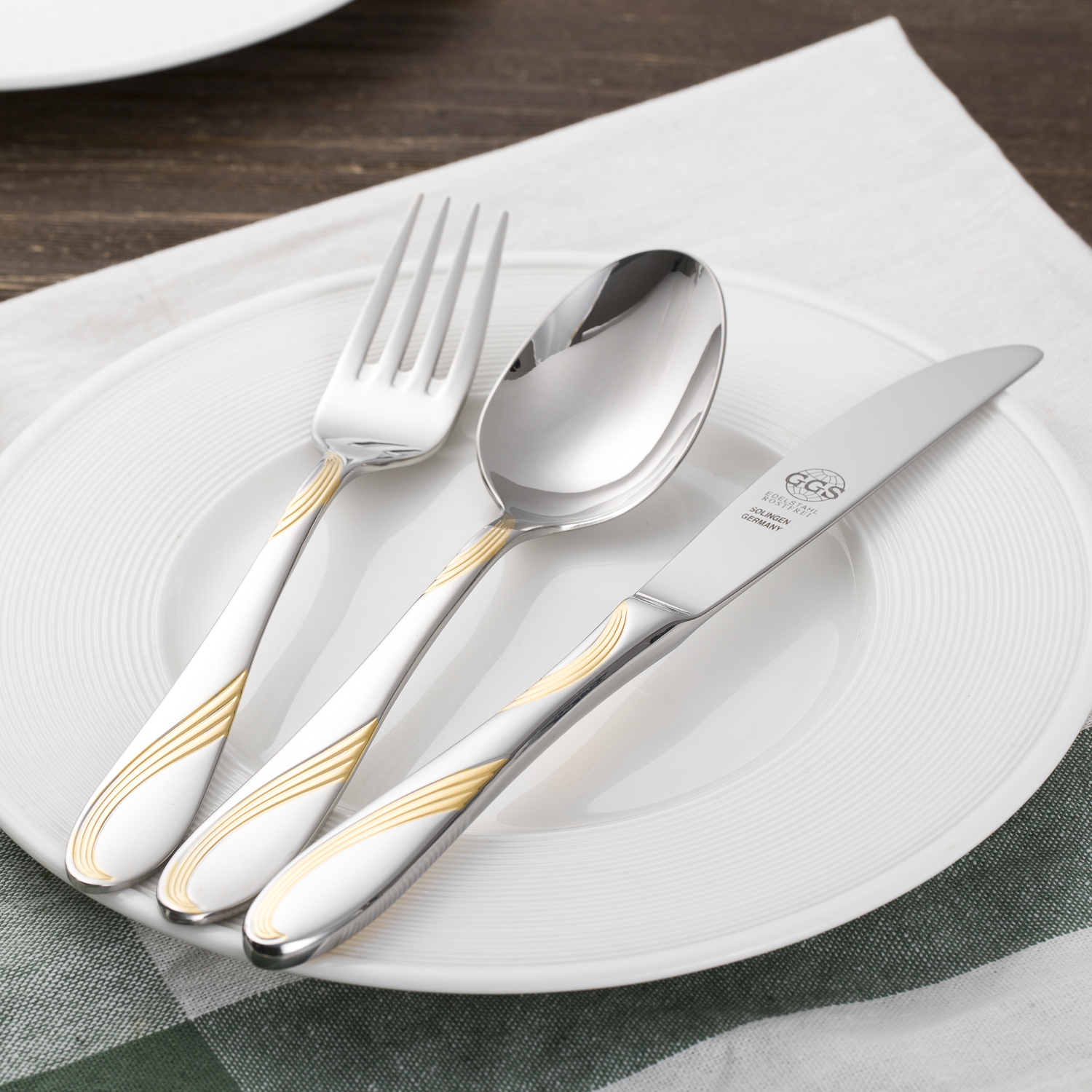 德国进口刀叉勺餐具套装-原装进口刀叉勺餐具套装-GGS不锈钢餐具套装Elisabeth精美质镀金流线图案