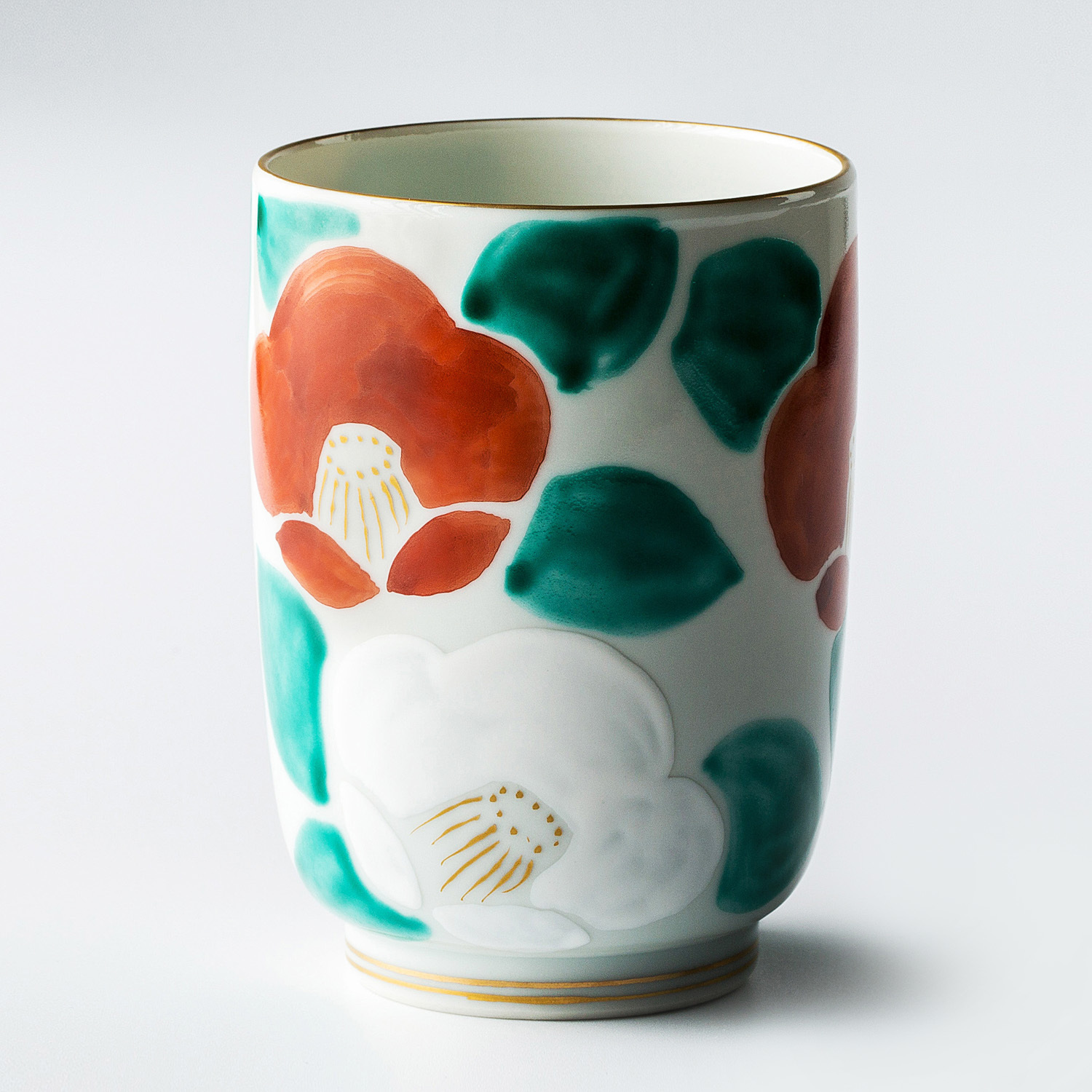 日本进口礼品陶瓷杯-Kayori纯手工京烧清水烧彩绘白椿陶瓷长形茶杯