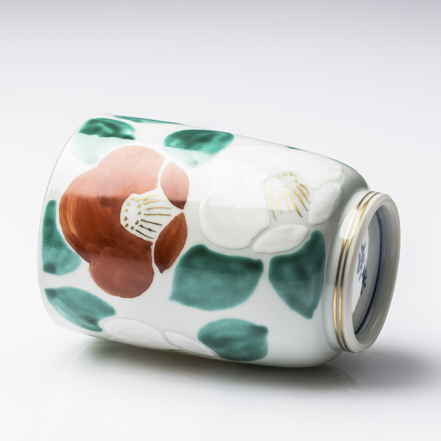 日本进口礼品陶瓷杯-Kayori纯手工京烧清水烧彩绘白椿陶瓷长形茶杯