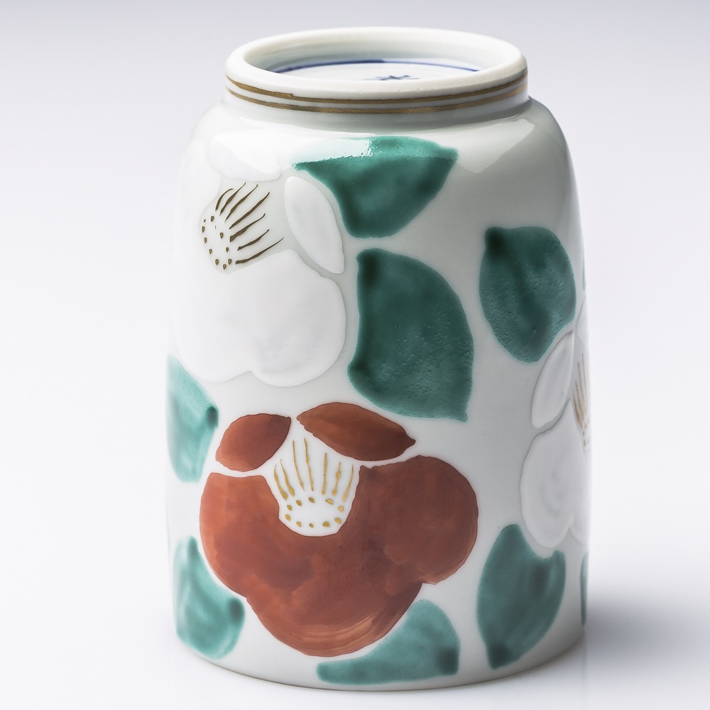 日本进口礼品陶瓷杯-Kayori纯手工京烧清水烧彩绘白椿陶瓷长形茶杯