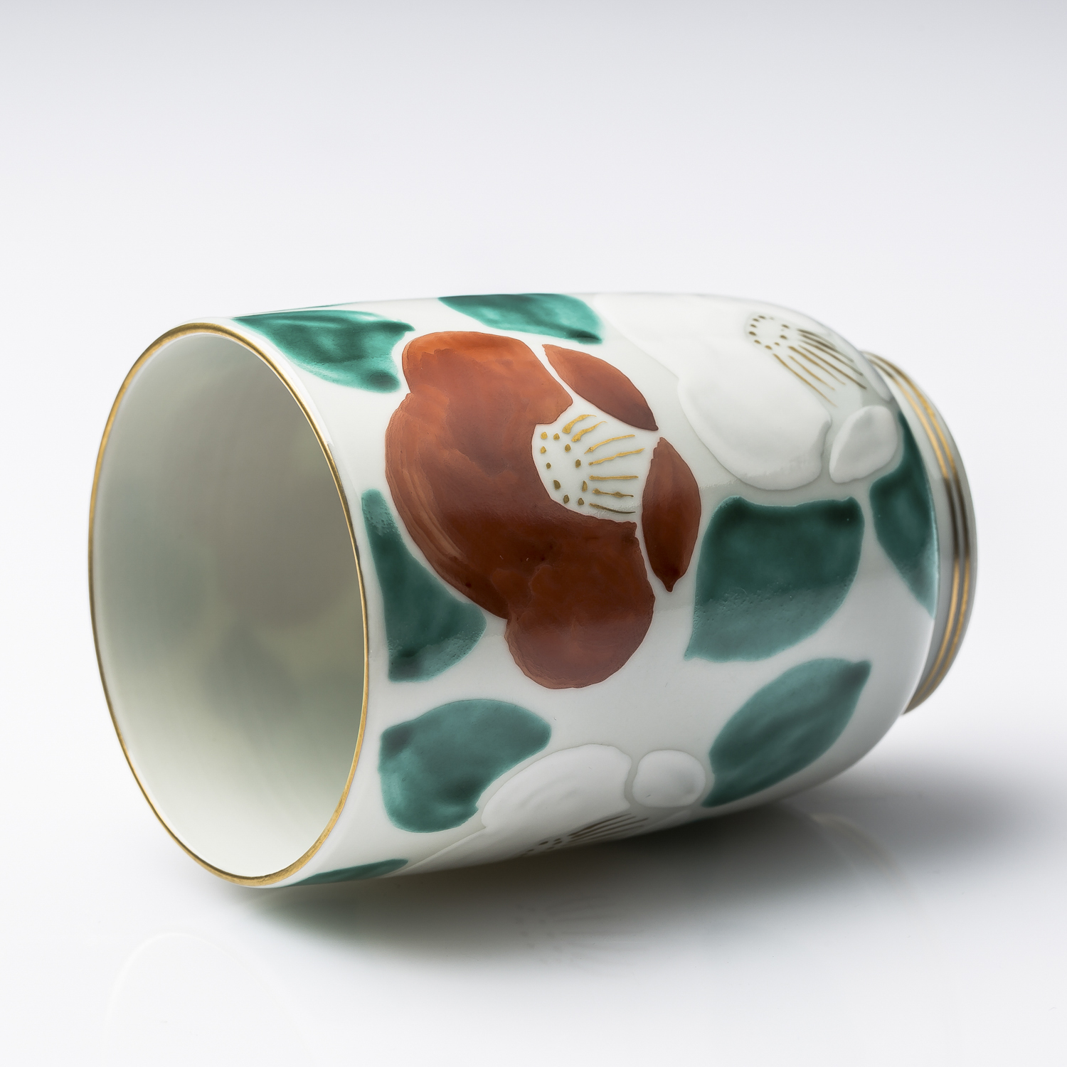 日本进口礼品陶瓷杯-Kayori纯手工京烧清水烧彩绘白椿陶瓷长形茶杯