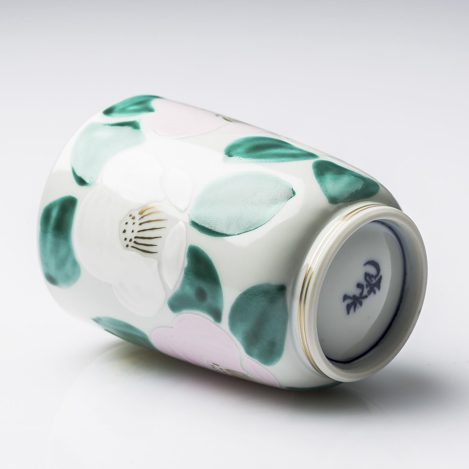 日本进口瓷茶杯-Kayori纯手工京烧清水烧彩绘白椿陶瓷长形茶杯