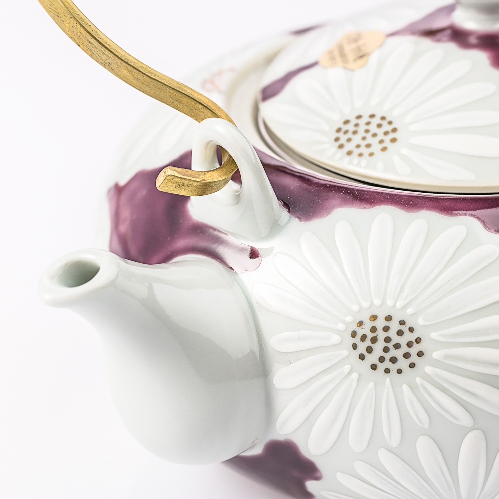 日本进口陶瓷茶壶茶具-Kayori纯手工京烧清水烧白菊陶瓷茶壶-紫色