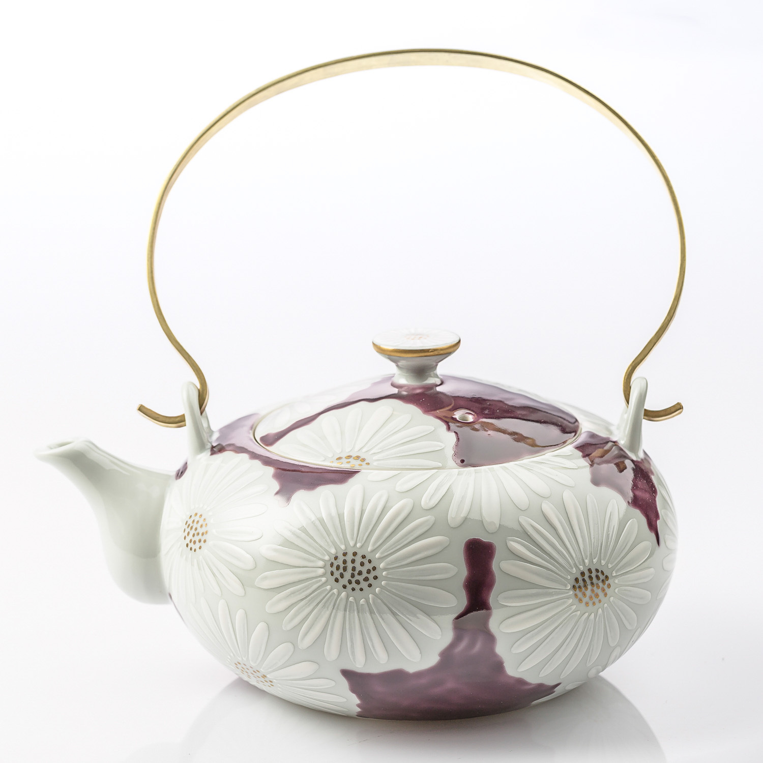 日本进口陶瓷茶壶茶具-Kayori纯手工京烧清水烧白菊陶瓷茶壶-紫色