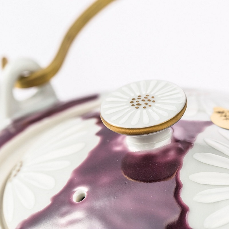 日本进口陶瓷茶壶茶具-Kayori纯手工京烧清水烧白菊陶瓷茶壶-紫色