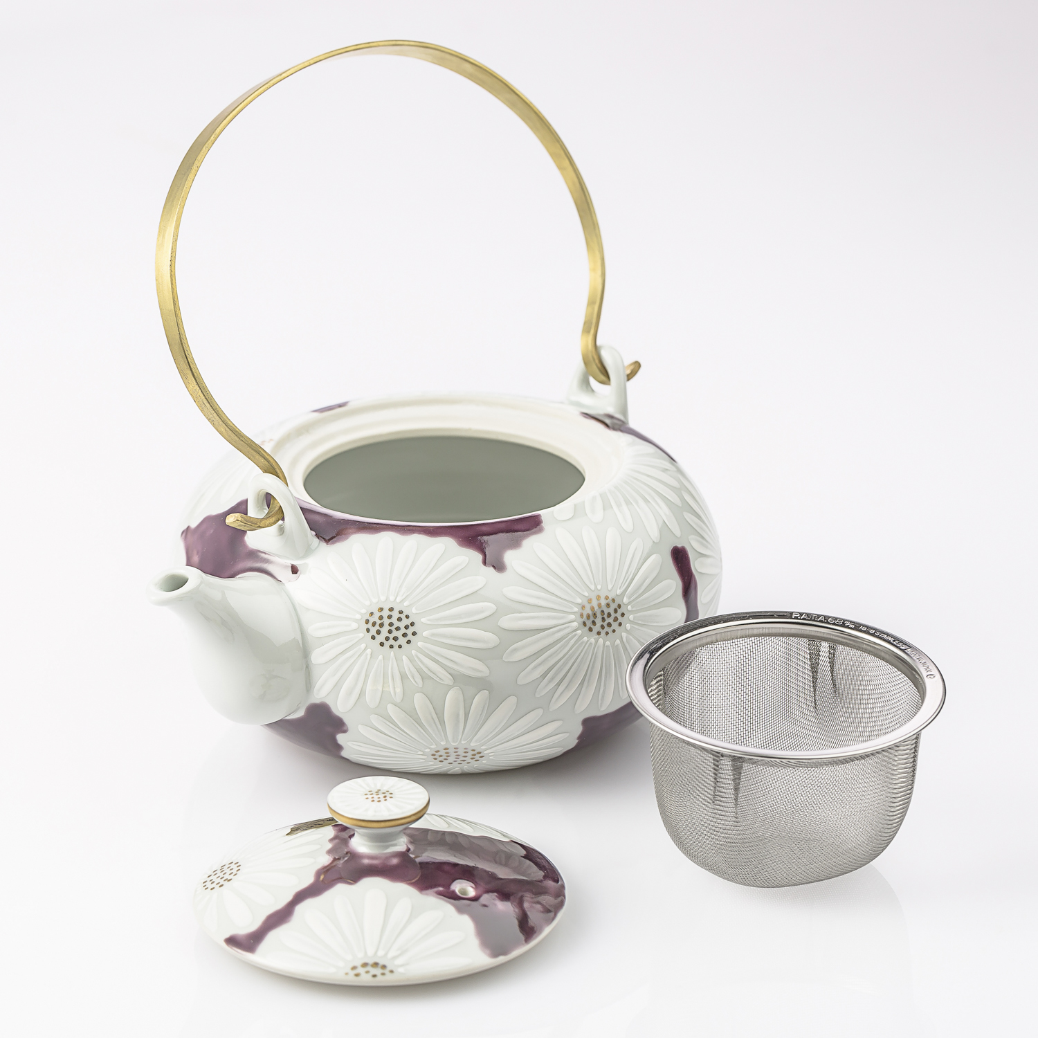 日本进口陶瓷茶壶茶具-Kayori纯手工京烧清水烧白菊陶瓷茶壶-紫色